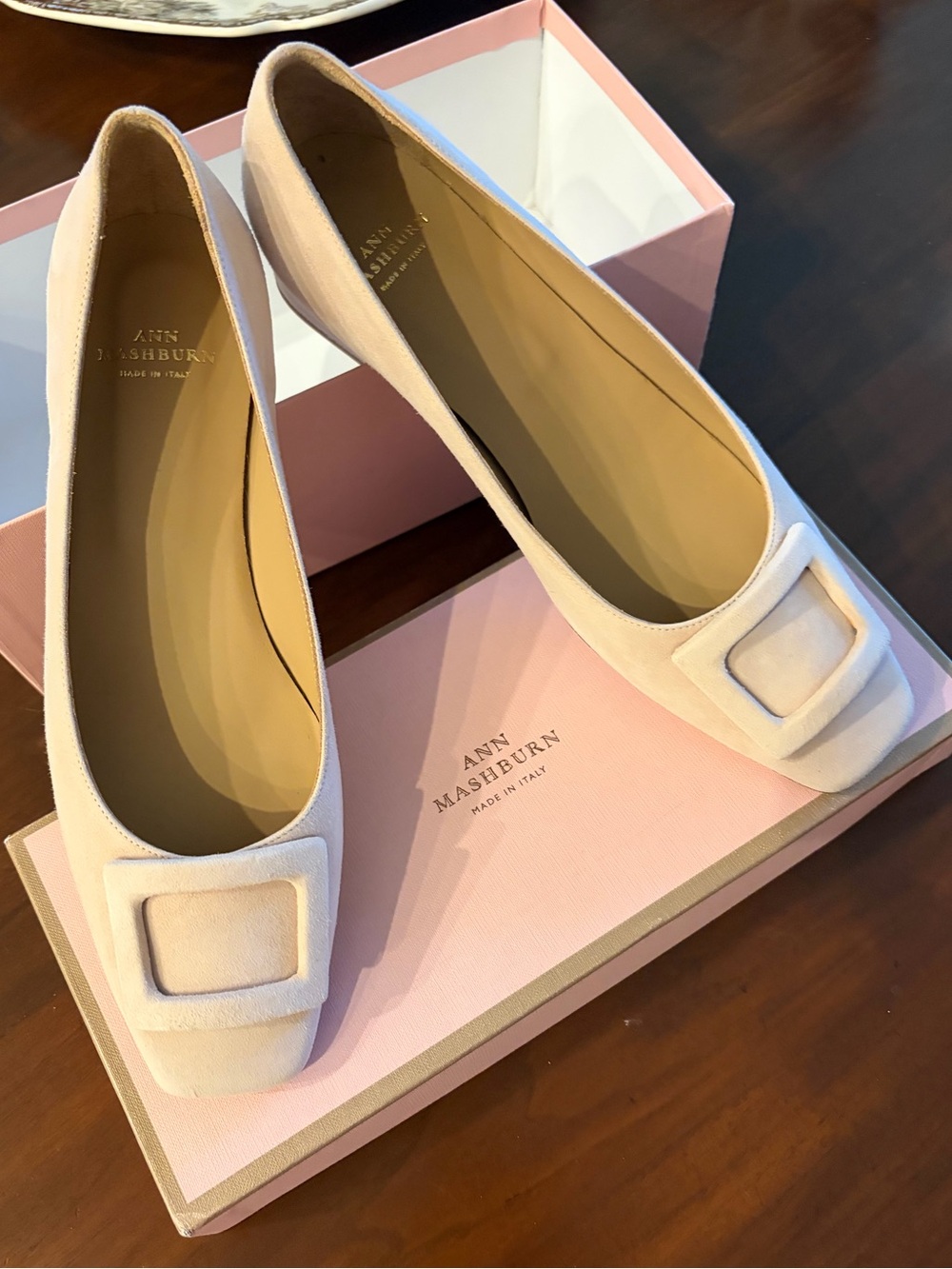 ANN MASHBURN Blush Cream Suede Square-Toe Ballet Flats with Buckle